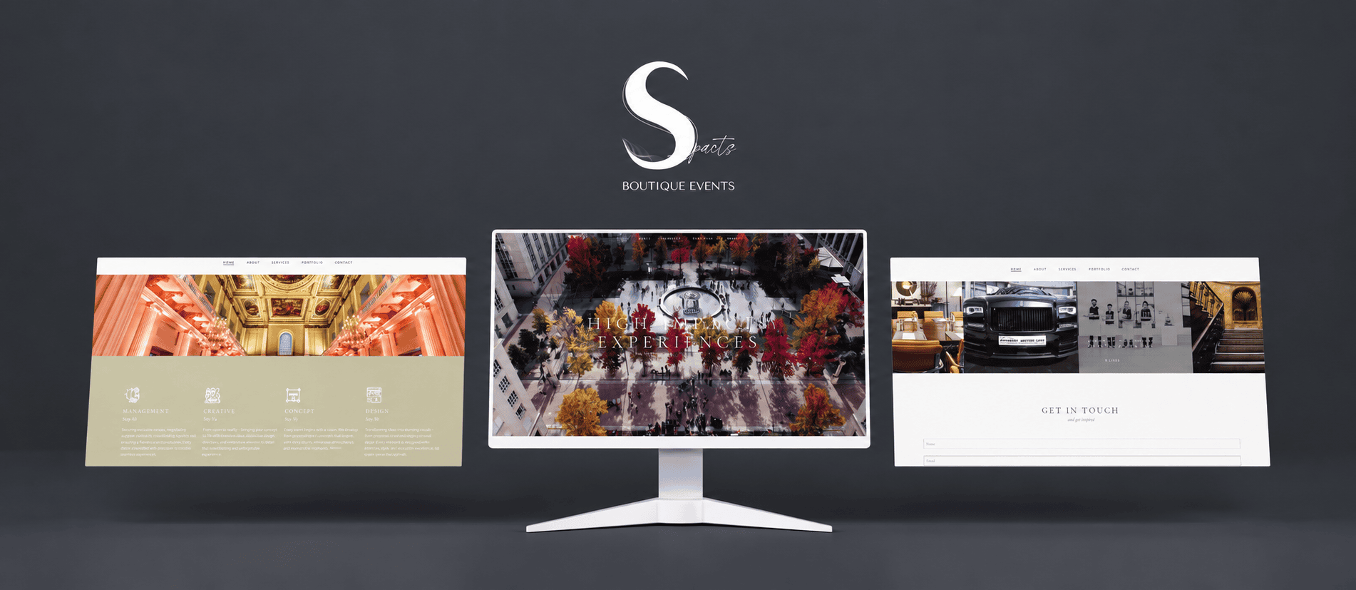 הדמיית אתר Simpacts על רקע אפור פחם, עם לוגו לבן ושלוש תצוגות אתר